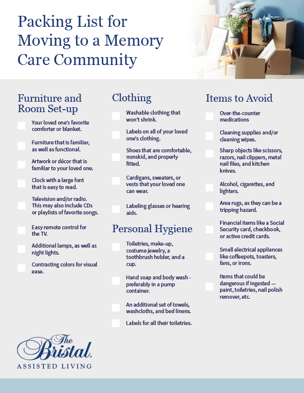 Packing list for moving to a memory care community
