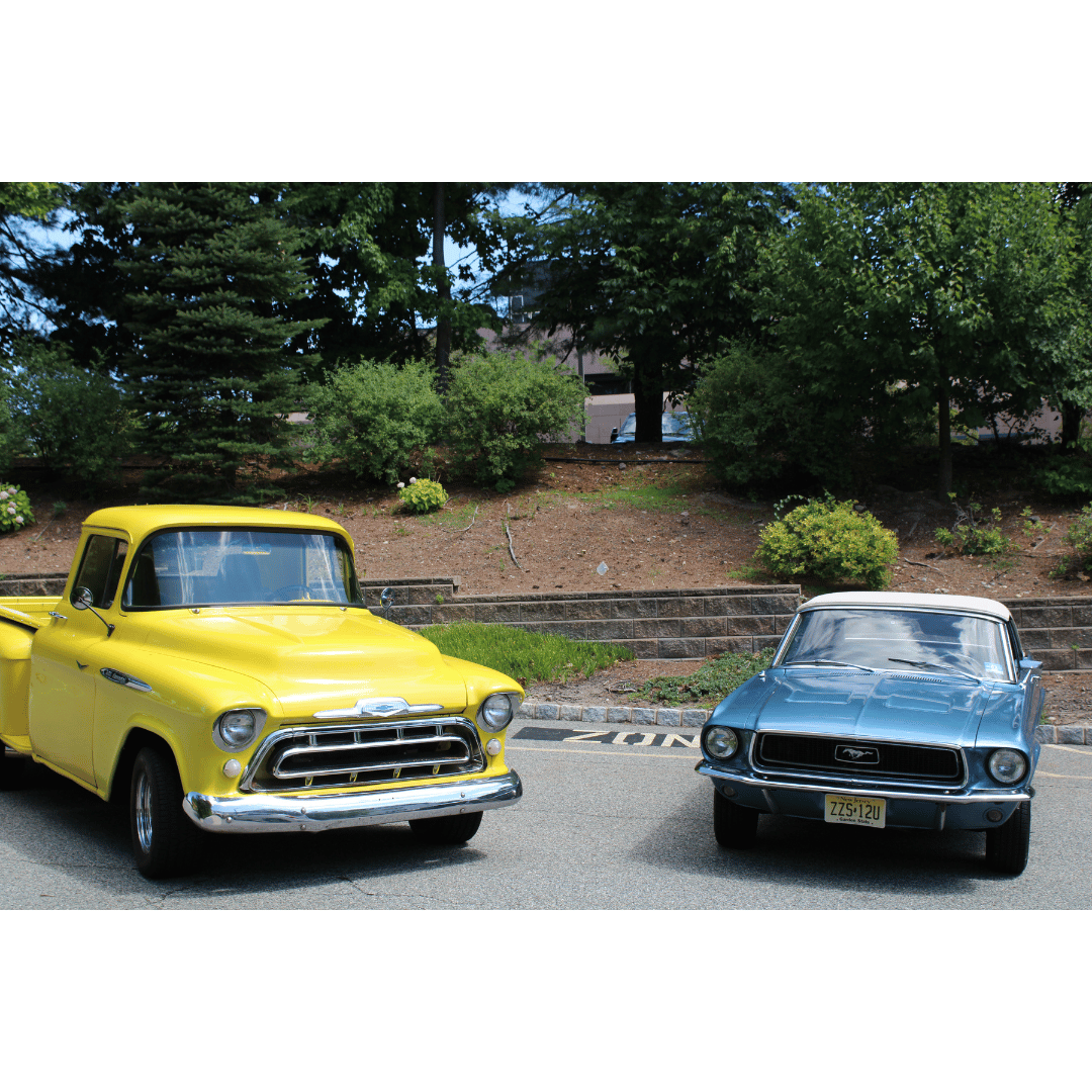 The Bristal at Woodcliff Lake hosted a classic car show featuring a Yellow Chevy Pick-up and Blue Mustang Convertible.