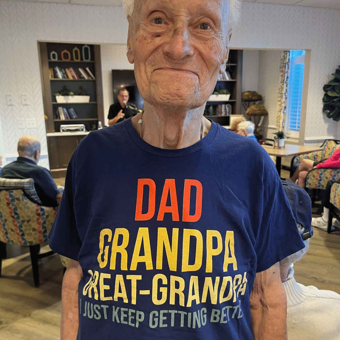 Resident of The Bristal at East Meadow showed off his tee, demonstrating his great-grandparent status.