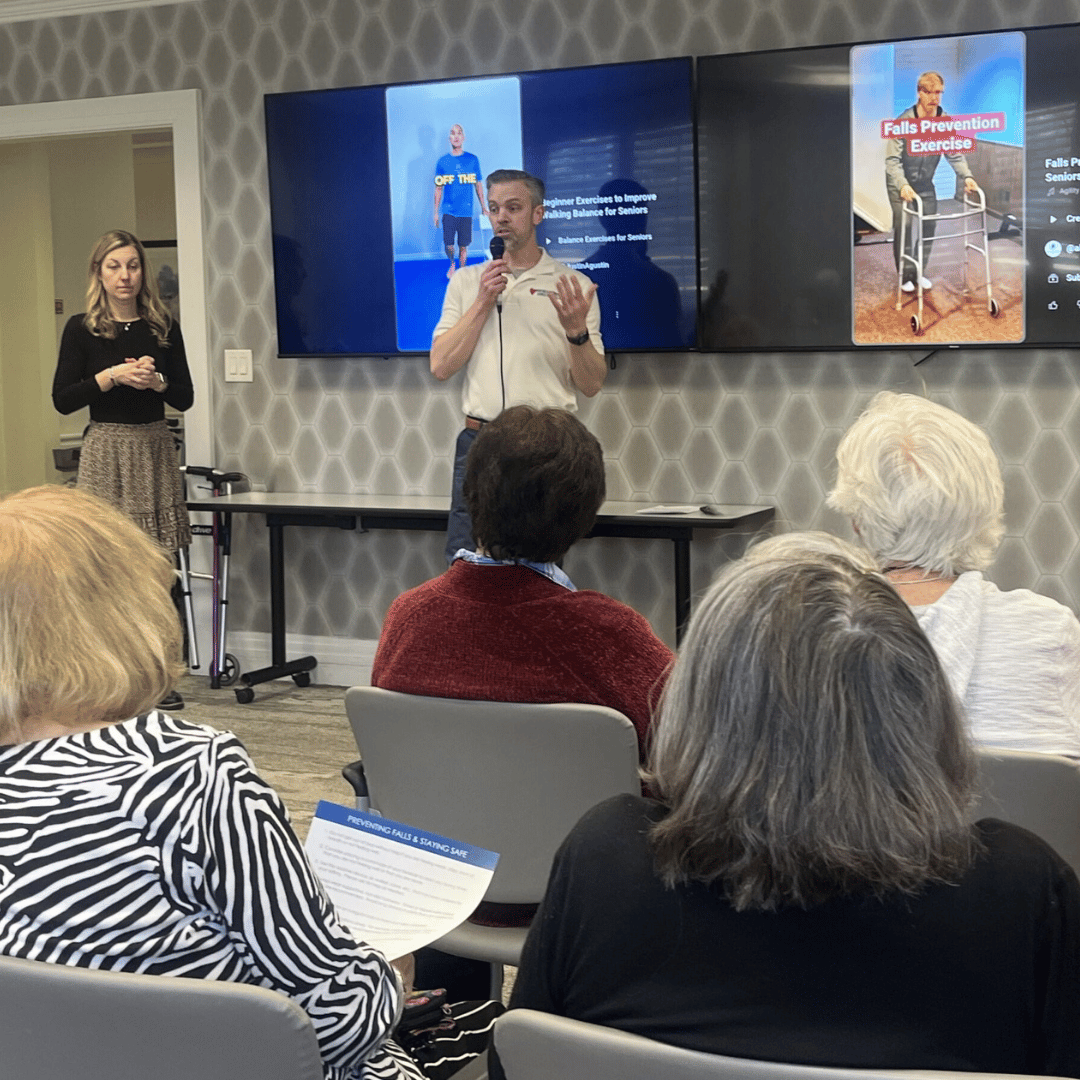 speaker reviews safety techniques and exercises for lowering fall risk